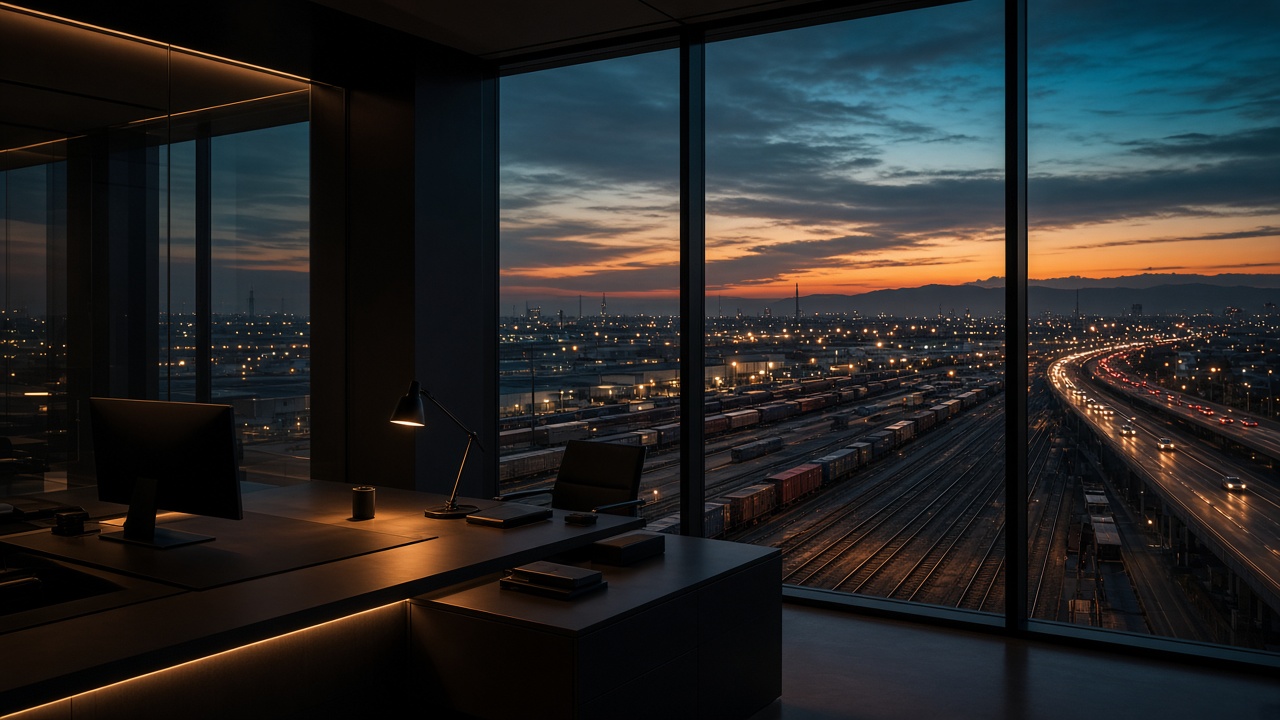 Glass office overlooking a freight yard