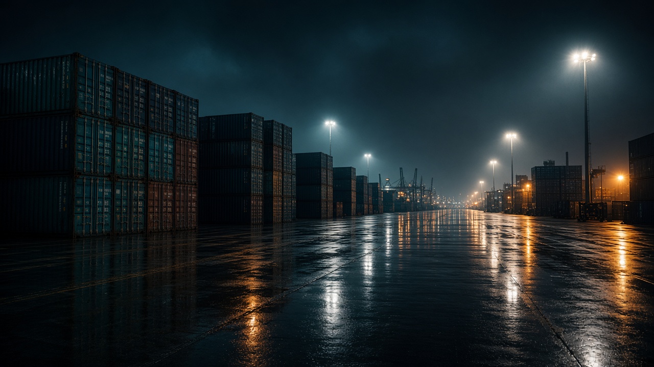 Intermodal containers stacked at a rail ramp