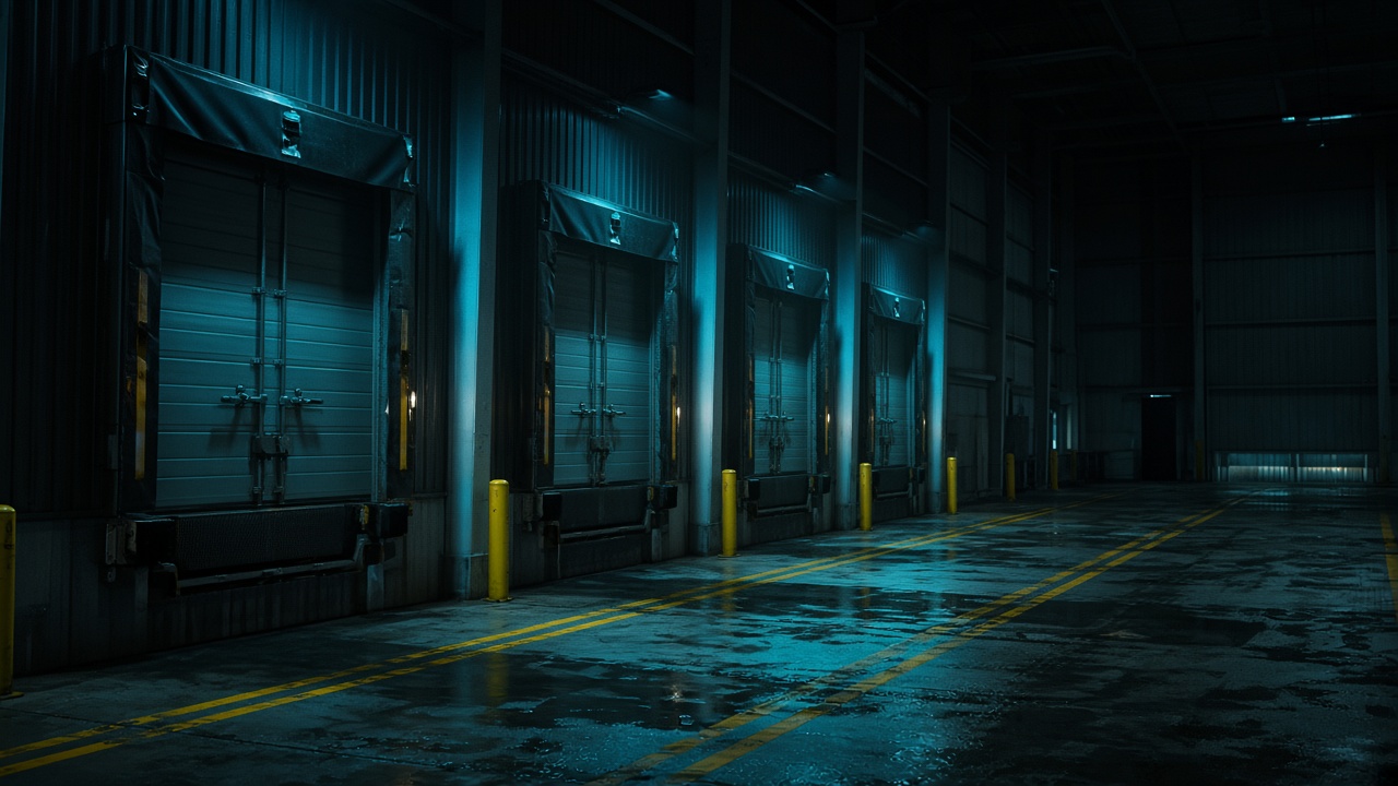 Refrigerated trailer at a night loading dock
